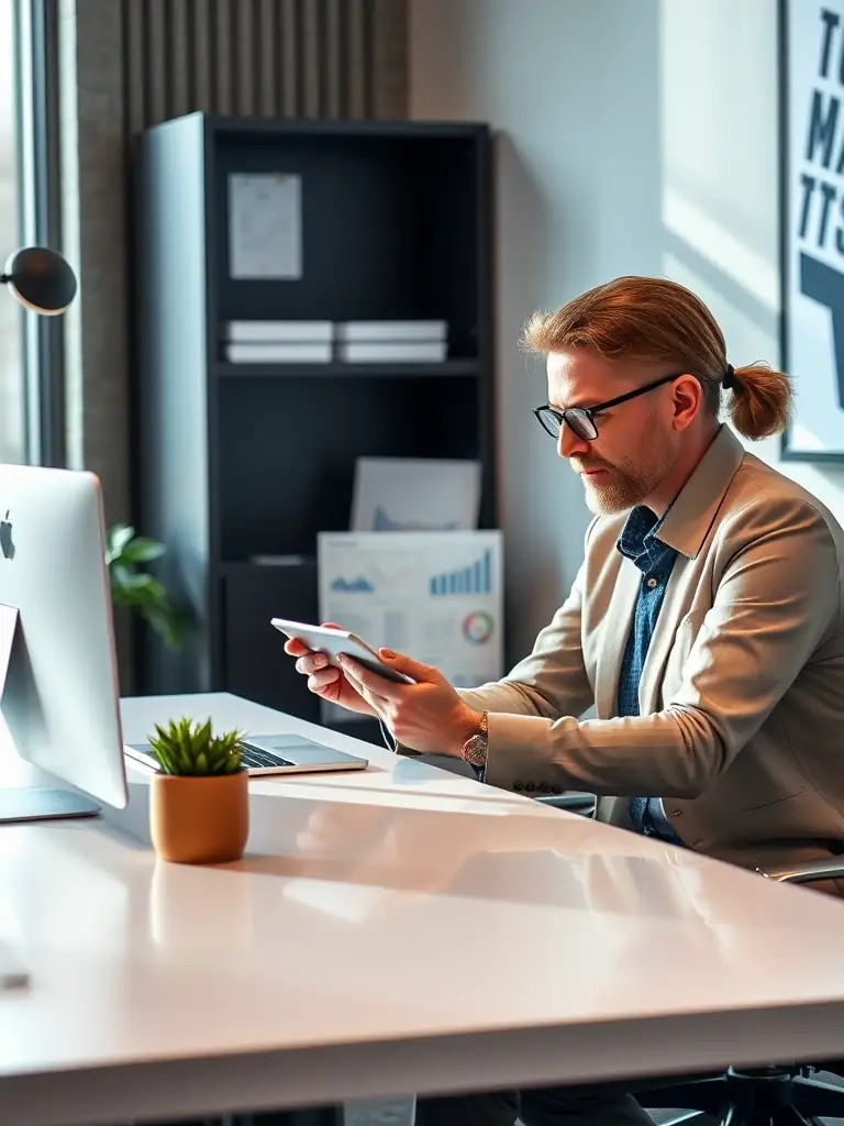 A coach and client reviewing a business plan with a focus on UK market trends and opportunities, using a digital tablet.