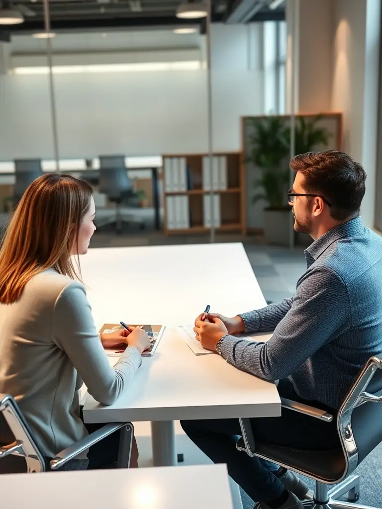 A professional coach in a modern office, guiding a client through a strategic planning session, with UK business magazines on the table.