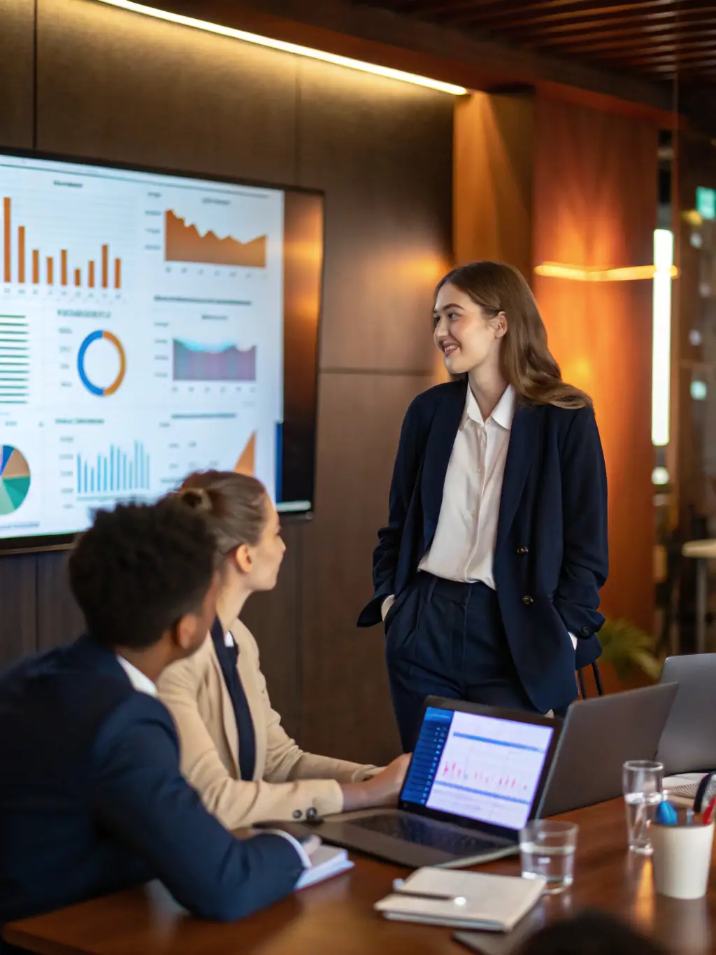 A professional business coach in a suit, smiling confidently while pointing at a whiteboard filled with strategic plans and growth charts during a one-on-one coaching session in a modern office setting.