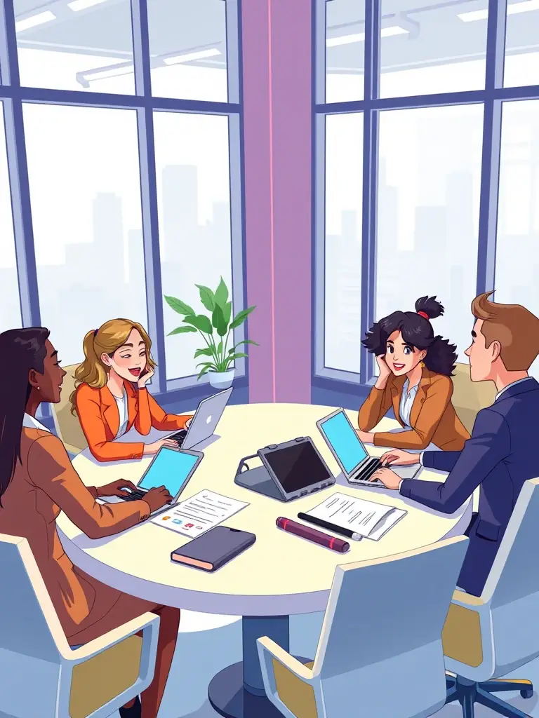 A diverse group of professionals actively participating in a group coaching session, sharing ideas and strategies around a conference table in a bright, collaborative workspace.