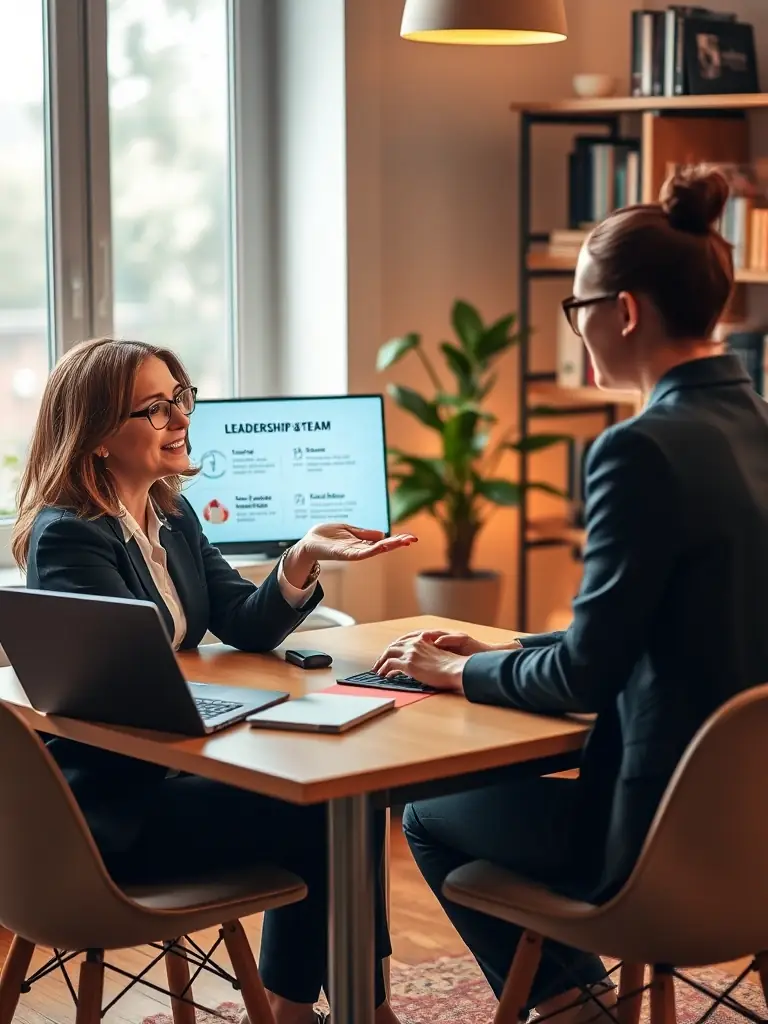 A business coach facilitating a strategic planning session with a client, using visual aids and collaborative tools to map out business goals and strategies in a modern office.