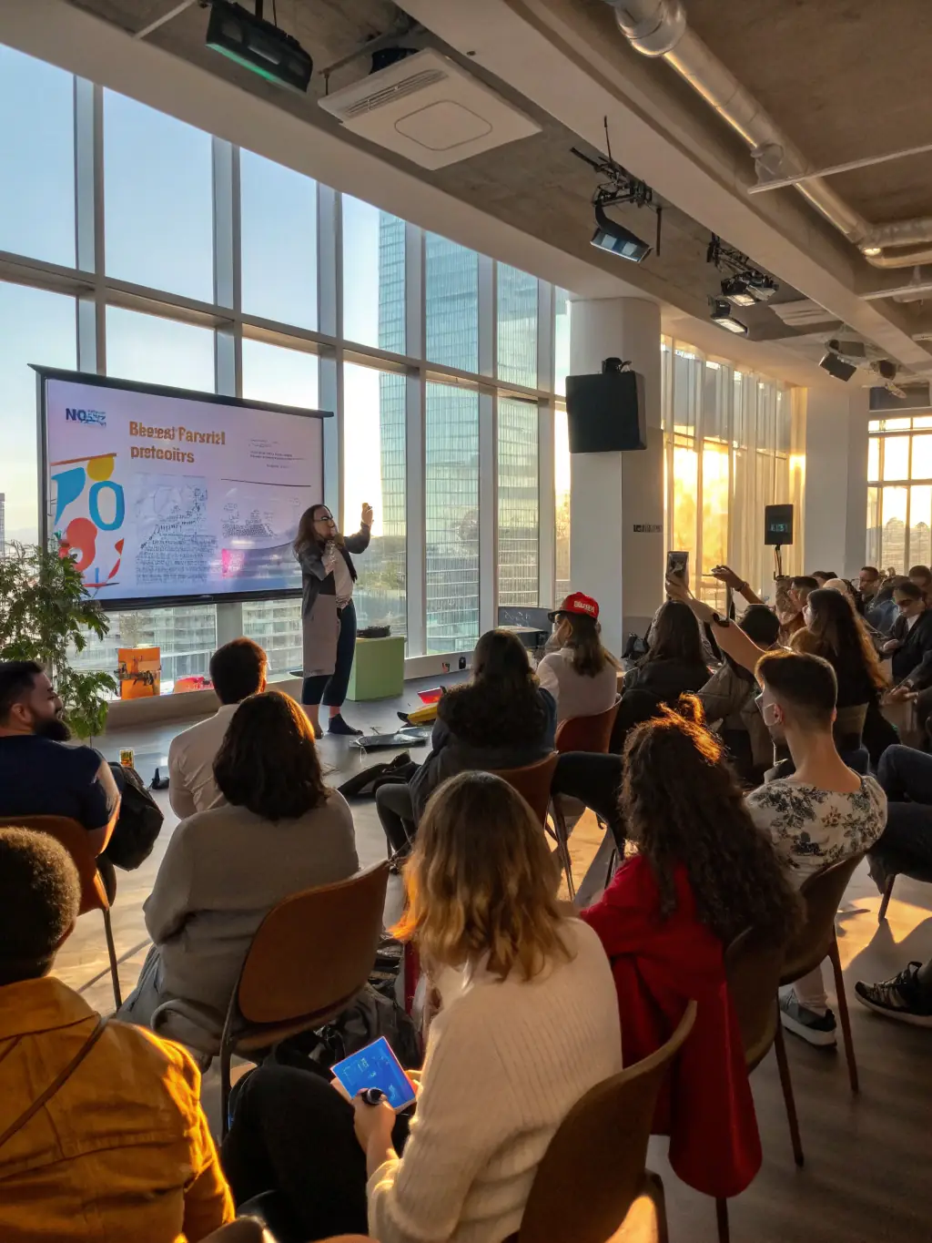 A dynamic speaker leading a career growth workshop, engaging with participants through interactive exercises and presentations in a modern conference room.